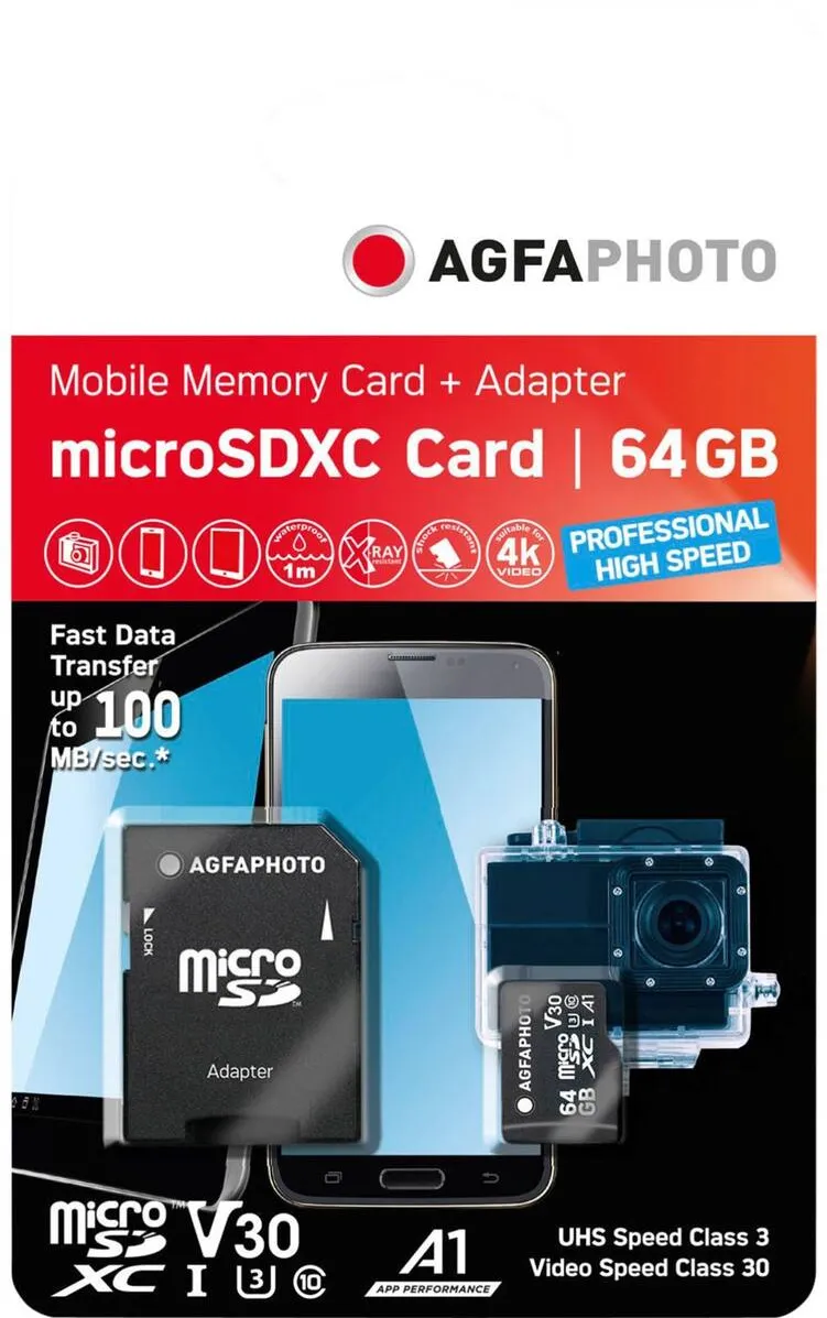 Card de Memorie AgfaPhoto MicroSDXC UHS-I   64GB High Speed C10 U3 V30 + Adapter