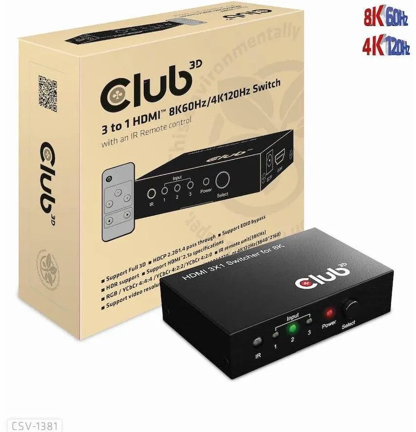 Adaptor CLUB 3D HDMI Switchbox 3 intrari -> 1 Ausgang 8K60Hz UHD