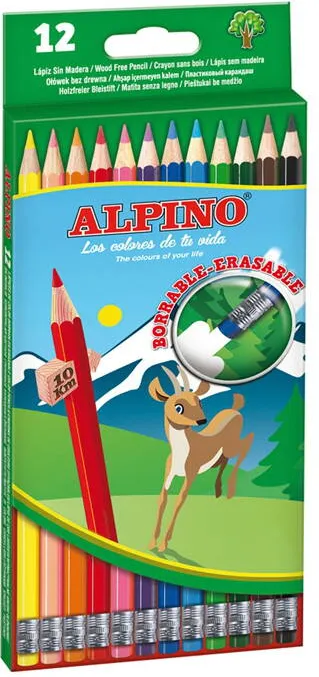 Alpino Creioane colorate cu guma, cutie carton, 12 culori/set, ALPINO Erasable