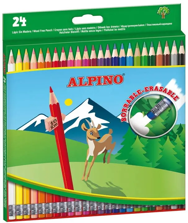 Alpino Creioane colorate cu guma, cutie carton, 24 culori/set, ALPINO Erasable