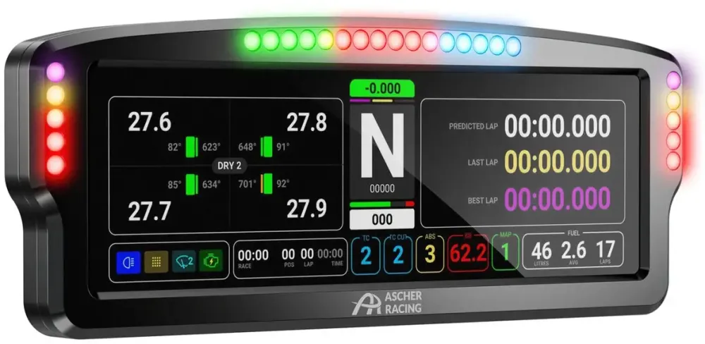 Ascher Racing Tablou de bord Ascher Racing, ecran tactil LCD de 7,85”, 26 LED-uri RGB - negru