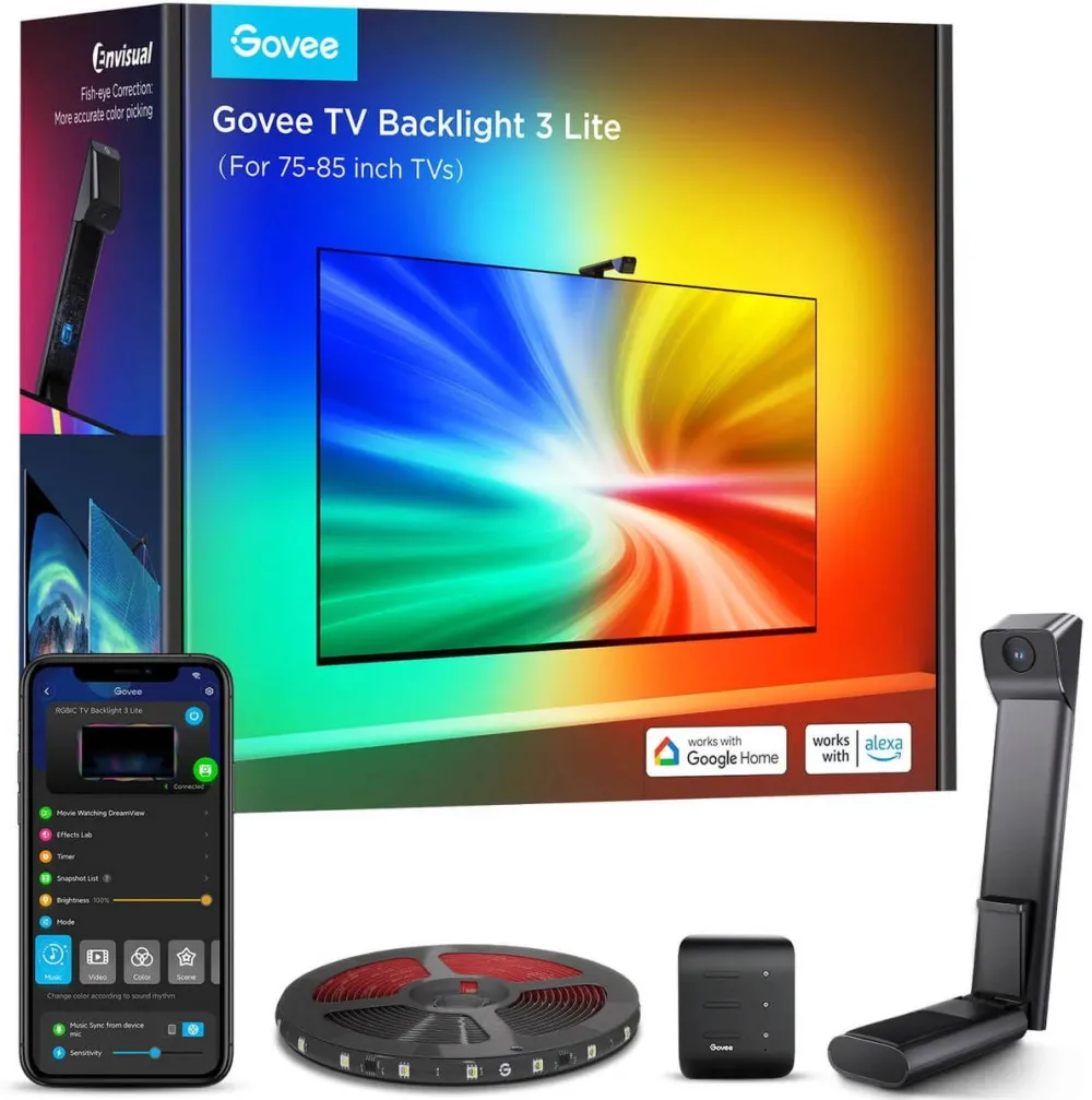 Govee Banda LED inteligenta Govee TV Backlight 3 Lite, H6099, Wi-Fi + Bluetooth, RGBICW, Camera, 75-85 inch, 36W, Fisheye Correction