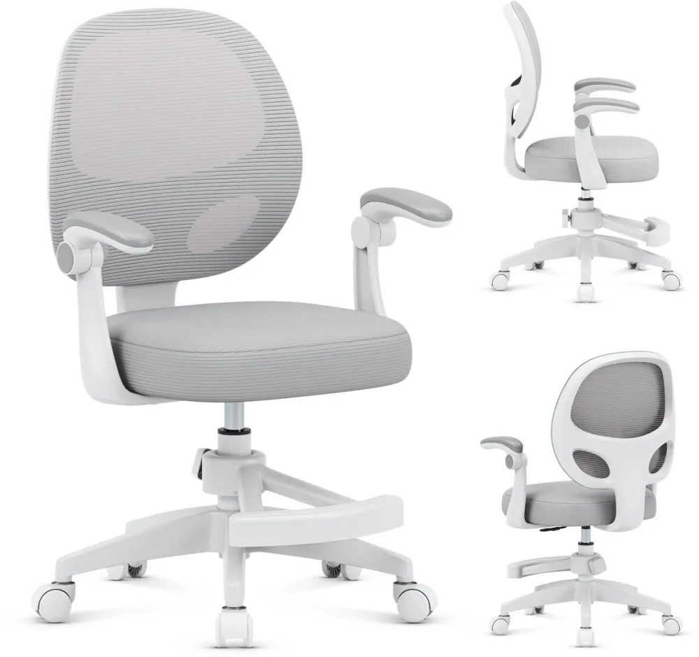 MARK ADLER Scaun de Birou pentru Copii, Mark Adler, Junior 3.1, Ergonomic, Inaltime Reglabila, Cotiere Pliabile, Suport pentru Picioare Reglabil, Material Respirabil, Scaun Birou Cu Suport Picioare Retractabil, Gri