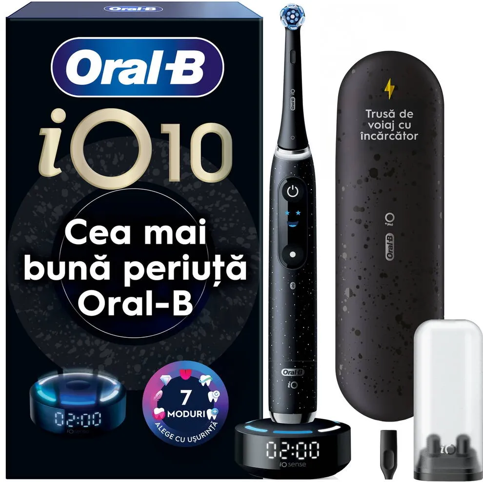 ORAL-B Periuta de dinti electrica Oral-B iO10 cu incarcator iOSense, Tehnologie Magnetica si Micro-Vibratii, Inteligenta artificiala, Display led, Senzor de presiune Smart, 7 moduri, 1 capat, Suport rezerve, Trusa de calatorie cu incarcator, Negru