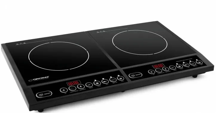 Plita Esperanza electrica cu inductie, 2 ochiuri detectie automata a vasului de gatit, control al temperaturii pe 8 nivele si 4 functii de gatit, timer si afisaj electronic