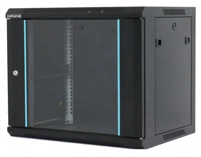 Rack Dateup 6U 600x450, dezasamblat, montare pe perete, usa din sticla, panouri laterale detasabile si securizate, culoare negru RAL 9004, DATEUP