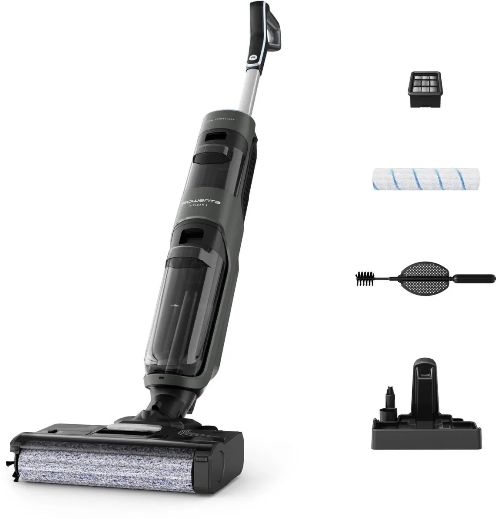 Aspirator ROWENTA Aspirator vertical fara fir 2 in 1 Rowenta X-Clean 4 GZ5037WO, 200W, aspira si spala, 425 RPM, pana la 50 min autonomie, ecran LED, functie autocuratare, baza de incarcare cu suport accesorii, compatibil cu detergent, gri & negru