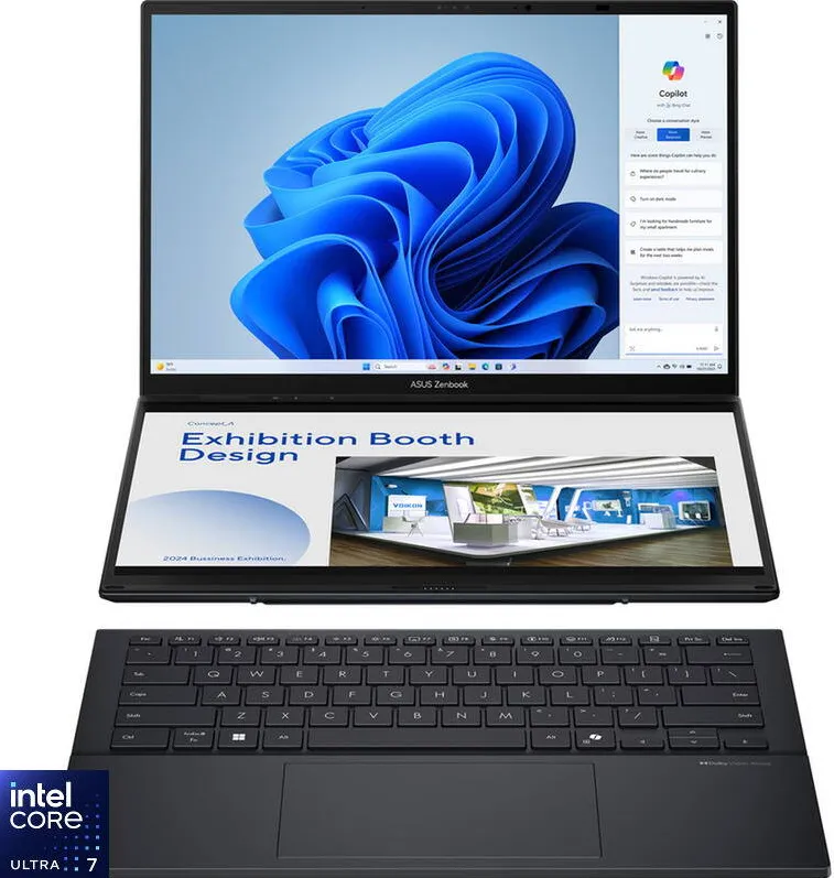 Ultrabook Asus 14'' Zenbook Duo OLED UX8406CA, FHD Touch, Procesor Intel Core Ultra 7 255H (24M Cache, up to 5.10 GHz), 32GB LPDDR5X, 1TB SSD, Intel Arc 140T, Win 11 Pro, Inkwell Gray