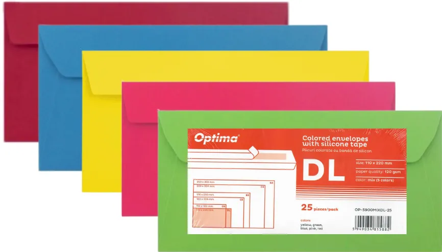 Plicuri Optima Plic DL (110x220mm), lipire siliconica, 25 buc/set, Optima - color mix (5 culori x 5 buc.)