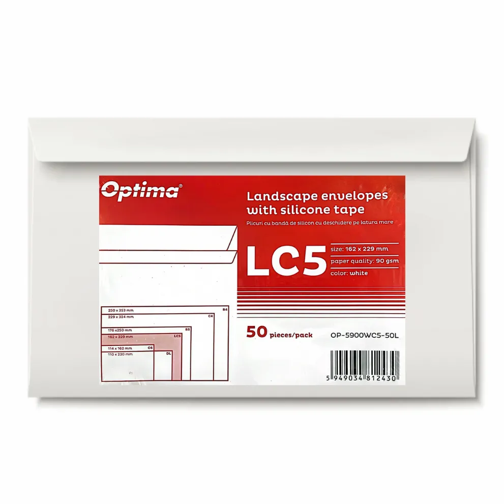 Plicuri Optima Plic C5 (162x229mm), lipire siliconica, 50 buc/set, deschidere pe latura mare, Optima - alb