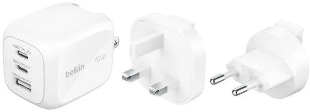 BELKIN Incarcator de perete 3-Port GaN 70W Belkin, adaptor de calatorie, alb, 1xUSB-A, 2xUSB-C