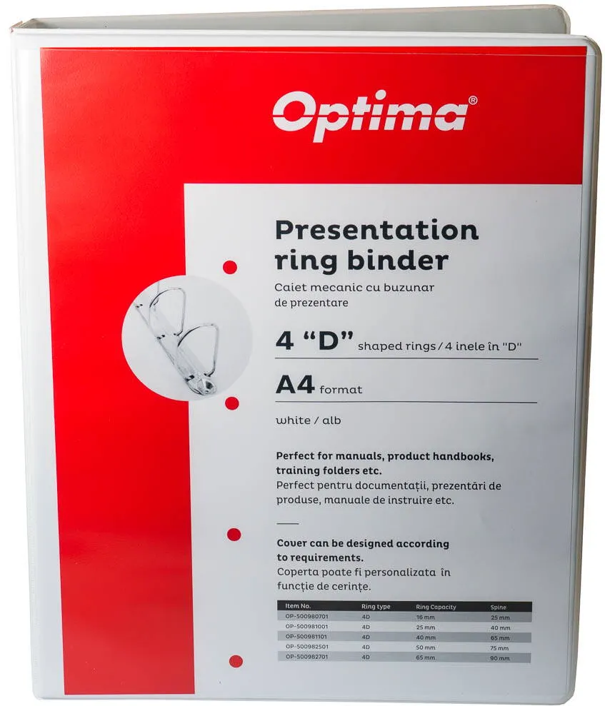 Optima - Clasic & Premium Caiet mecanic A4, cu buzunar, plastifiat PP, 4 inele - D16 mm, cotor 25mm, Optima - alb