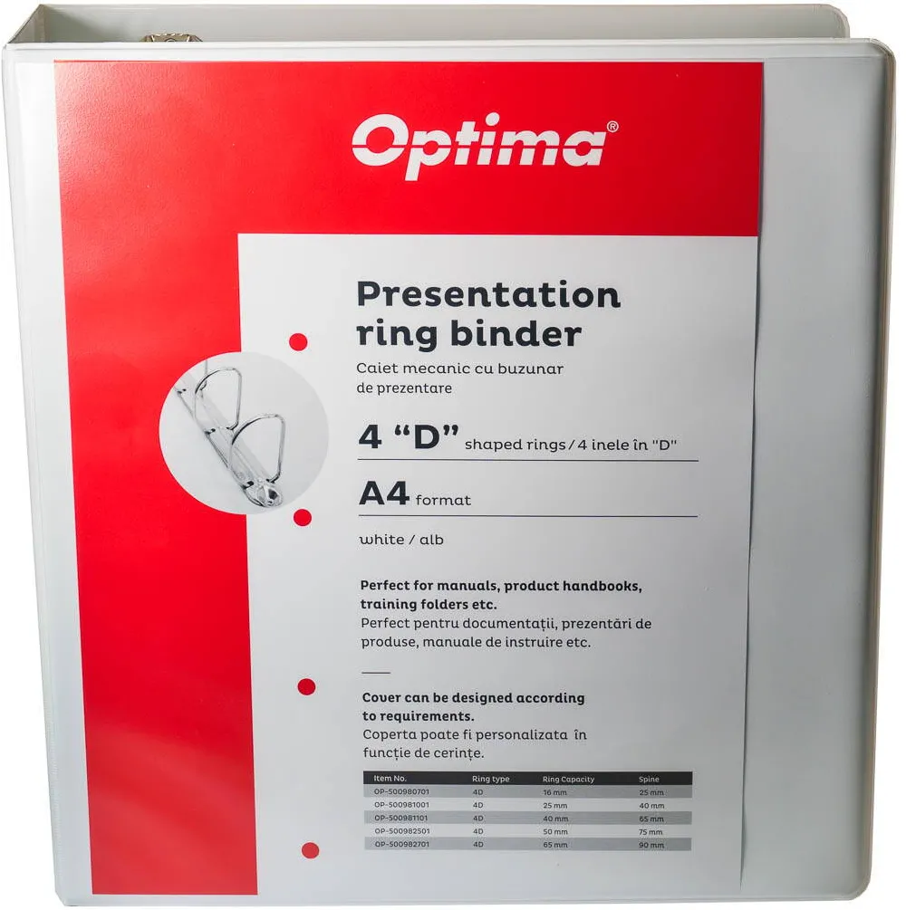 Optima - Clasic & Premium Caiet mecanic A4, cu buzunar, plastifiat PP, 4 inele - D65 mm, cotor 90mm, Optima - alb