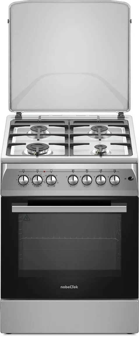 Aragaz NLT 6604IX/FE1, plita gaz si cuptor electric, aprindere electrica plita, gratare fonta, iluminare cuptor, timer, echipat cu diuze GN, diuze GPL de schimb, capac tabla, Argintiu