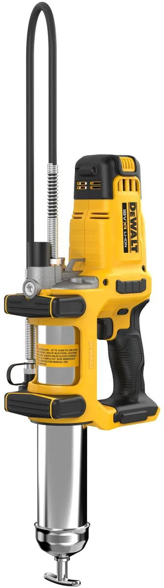 DeWalt Pistol profesional de gresare/lubrifiere pe acumulator DeWALT DCGG581N, 18V XR, 2 viteze, furtun flexibil 1.2 m, turatie variabila, presiune maxima 690 bar, pompa 255ml/min, iluminare LED, nu include acumulatori/incarcator