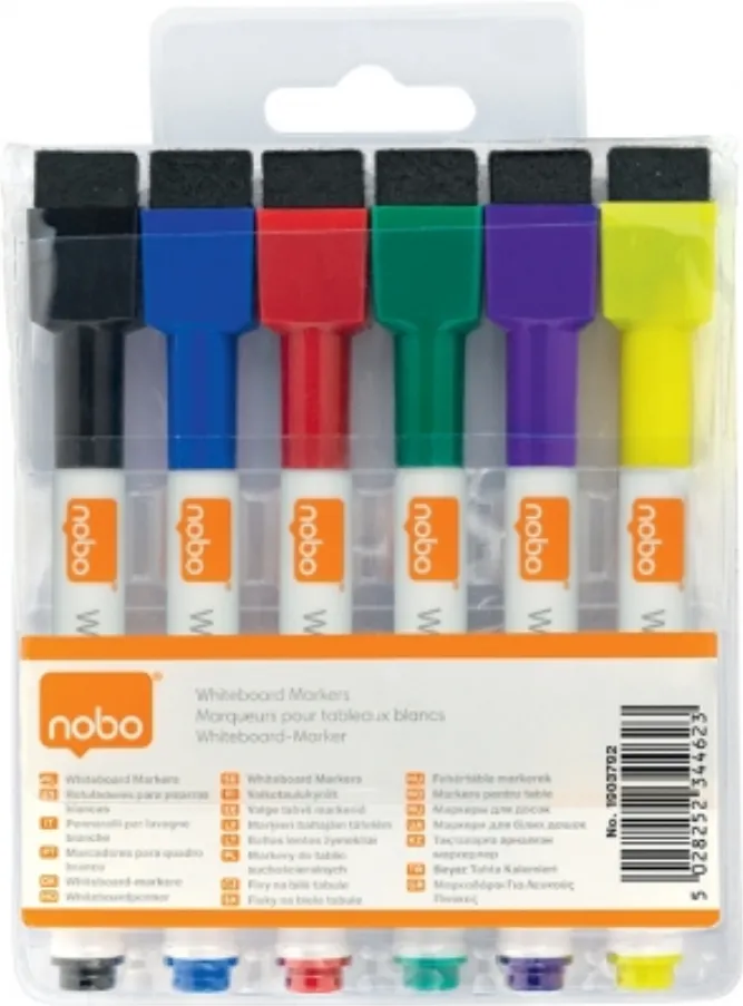 Nobo Marker NOBO, pentru table si flipcharturi, varf rotund 2 mm, cu burete, 6 buc/cutie, diverse culori