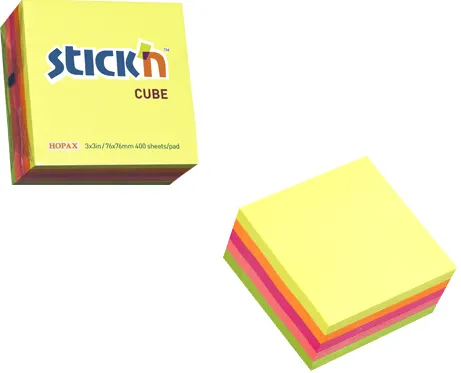 Hopax Cub notes autoadeziv 76 x 76 mm, 400 file, Stick'n - 5 culori fluorescente