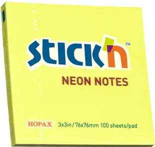 Hopax Notes autoadeziv 76 x 76 mm, 100 file, Stick'n - galben neon