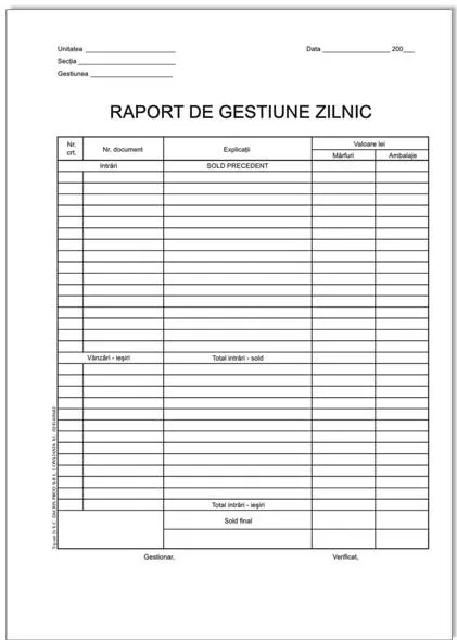 Formulare tipizate Raport gestiune zilnic, format A4, 100 coli/carnet