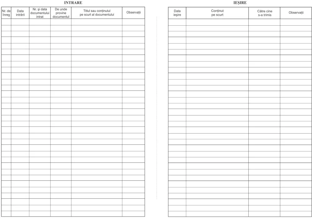 Formulare tipizate Registru intrare-iesire corespondenta orizontal, A4, 100 coli/carnet, coperta mucava