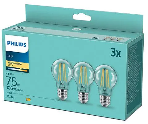 Philips Pachet 3 becuri LED filament Philips, A60, E27, 8.5W (75W)