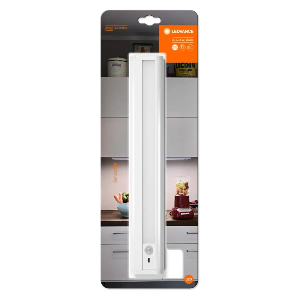 LEDVANCE Aplica LED liniara pe baterii 4x1.5V LR6(AA), cu senzor de miscare PIR, 2.9W, 174 lm, lumina neutra (4000K), IP20, montaj aplicat, 30cm, Alb