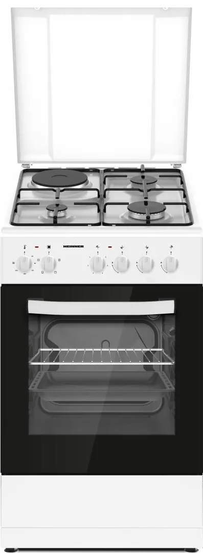 HEINNER Aragaz mixt HFSC-S56E1HSWH, 3 arzatoare gaz + 1 plita electrica, aprindere electrica arzatoare, cuptor electric, clasa A, grill, 50x60 cm, Alb