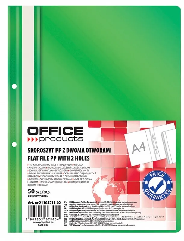 Office Products Dosar plastic PP cu sina, cu gauri, grosime 100/170 microni, 50 buc/set, Office Products - verde