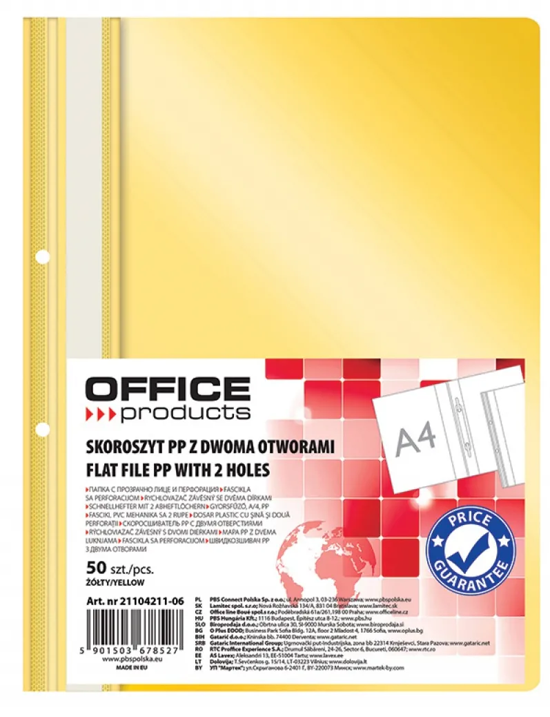 Office Products Dosar plastic PP cu sina, cu gauri, grosime 100/170microni, 50 buc/set, Office Products - galben