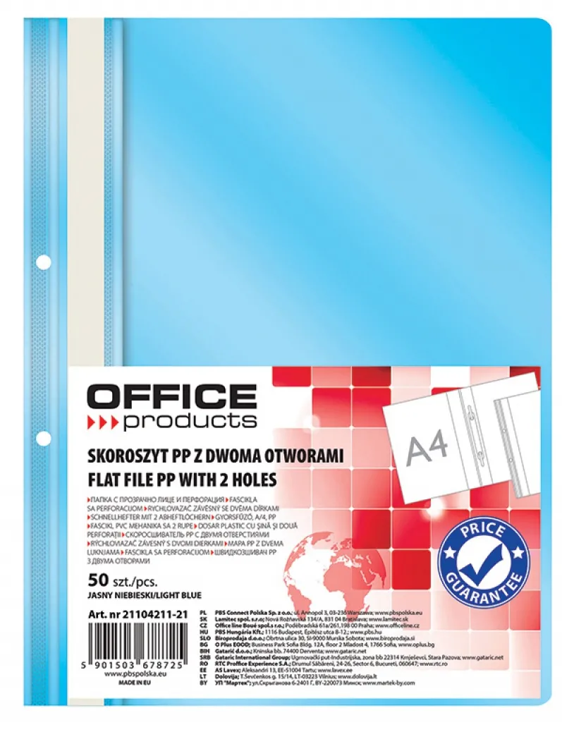 Office Products Dosar plastic PP cu sina, cu gauri, grosime 100/170microni, 50 buc/set, Office Products - bleu