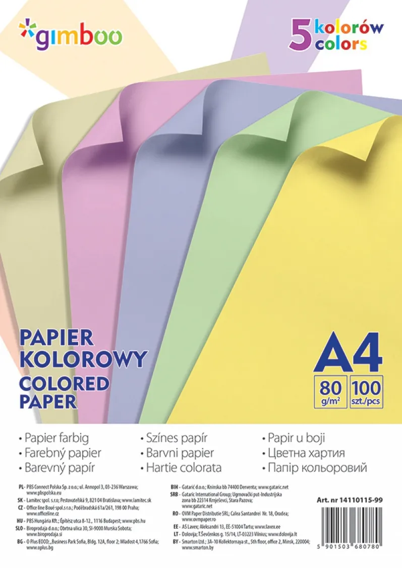 GIMBOO Hartie color, 80gsm, 100(5x20) coli/top, GIMBOO - culori pastel asortate