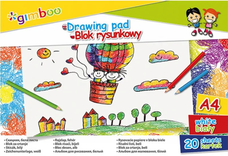 GIMBOO Bloc desen A4, 20 file - 70gsm, coperta carton, GIMBOO - foi albe