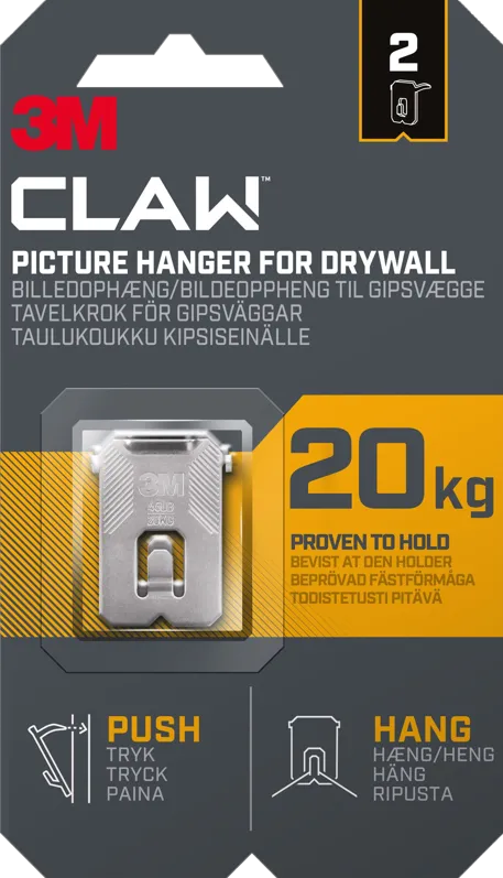 3M Claw Hook for drywall, hold 20 kg, 2 hooks