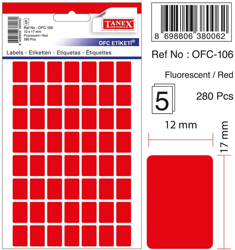 Etichete autoadezive, 12 x 17 mm, 280 buc/set, TANEX, rosu fluorescent