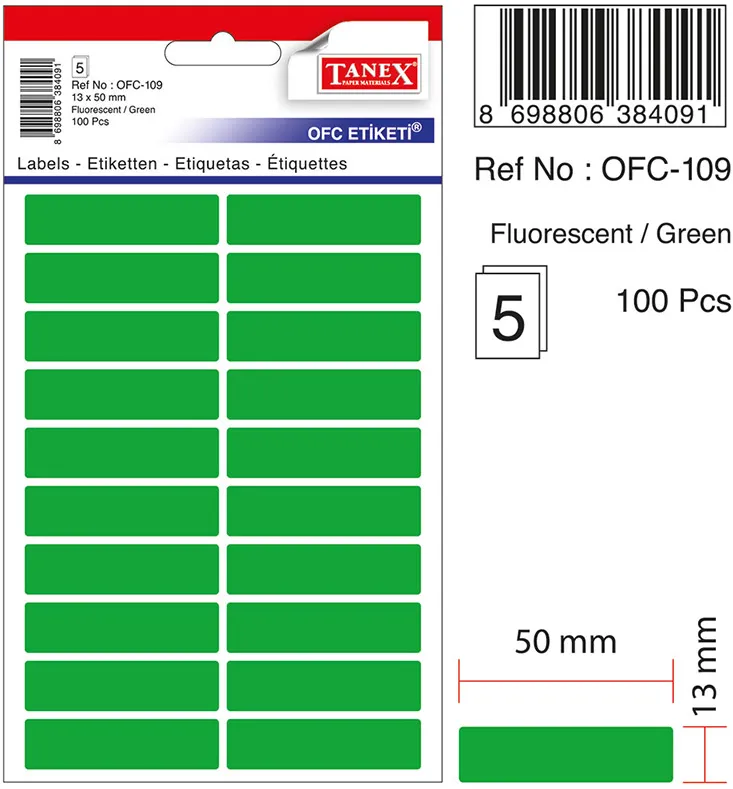 Etichete autoadezive, 13 x 50 mm, 100 buc/set, TANEX, verde fluorescent