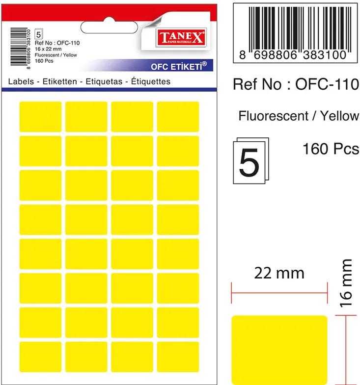 Etichete autoadezive, 16 x 22 mm, 160 buc/set, TANEX, galben fluorescent