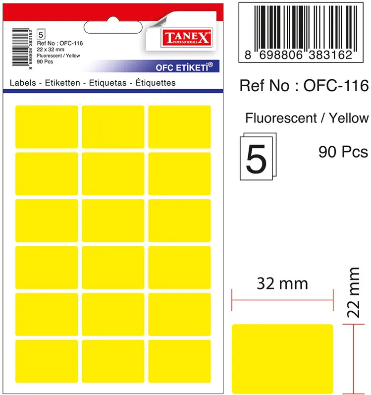 Etichete autoadezive, 22 x 32 mm, 90 buc/set, TANEX, galben fluorescent