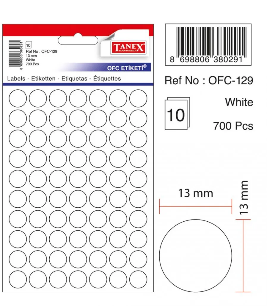 Etichete autoadezive rotunde, D13 mm, 700 buc/set, TANEX, alb