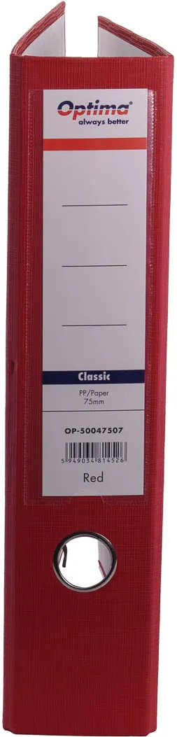 Biblioraft A4, plastifiat PP/paper, margine metalica, 75 mm, Optima Classic - rosu