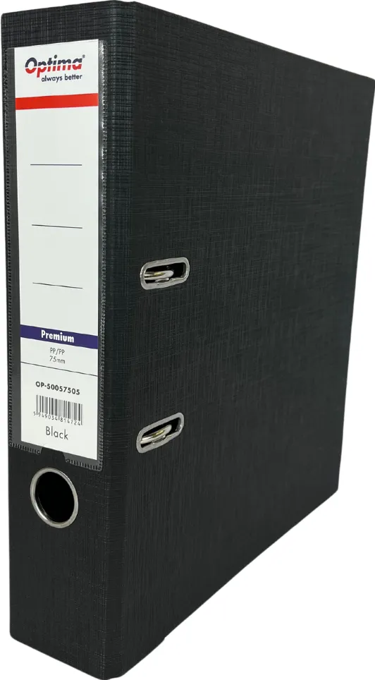 Biblioraft A4, plastifiat PP/PP, margine metalica, 75 mm, Optima Premium - negru