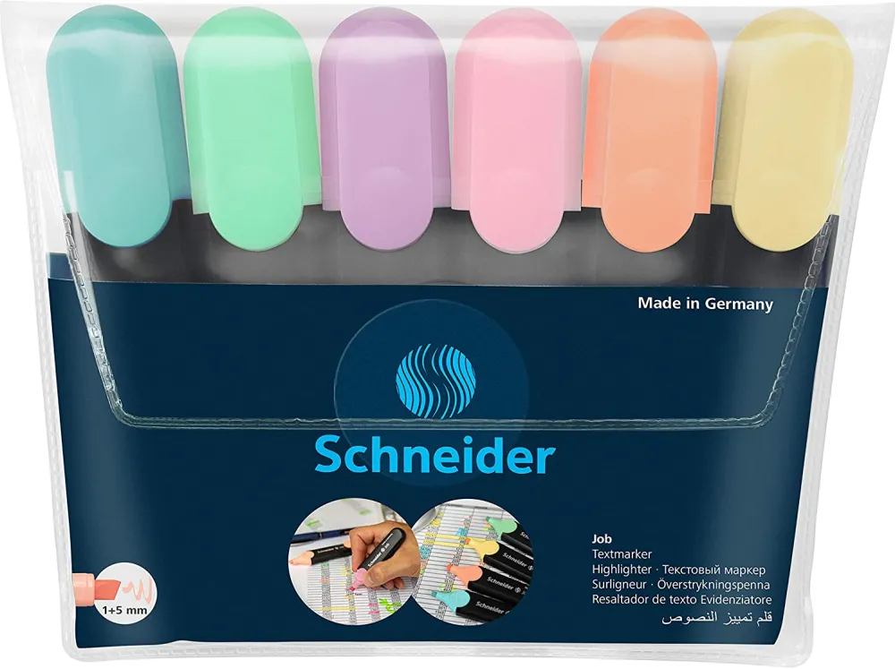 Textmarker SCHNEIDER Job Pastel, varf lat, 6 culori/set -(turcoaz, menta, lavanda, roze, piersica, v