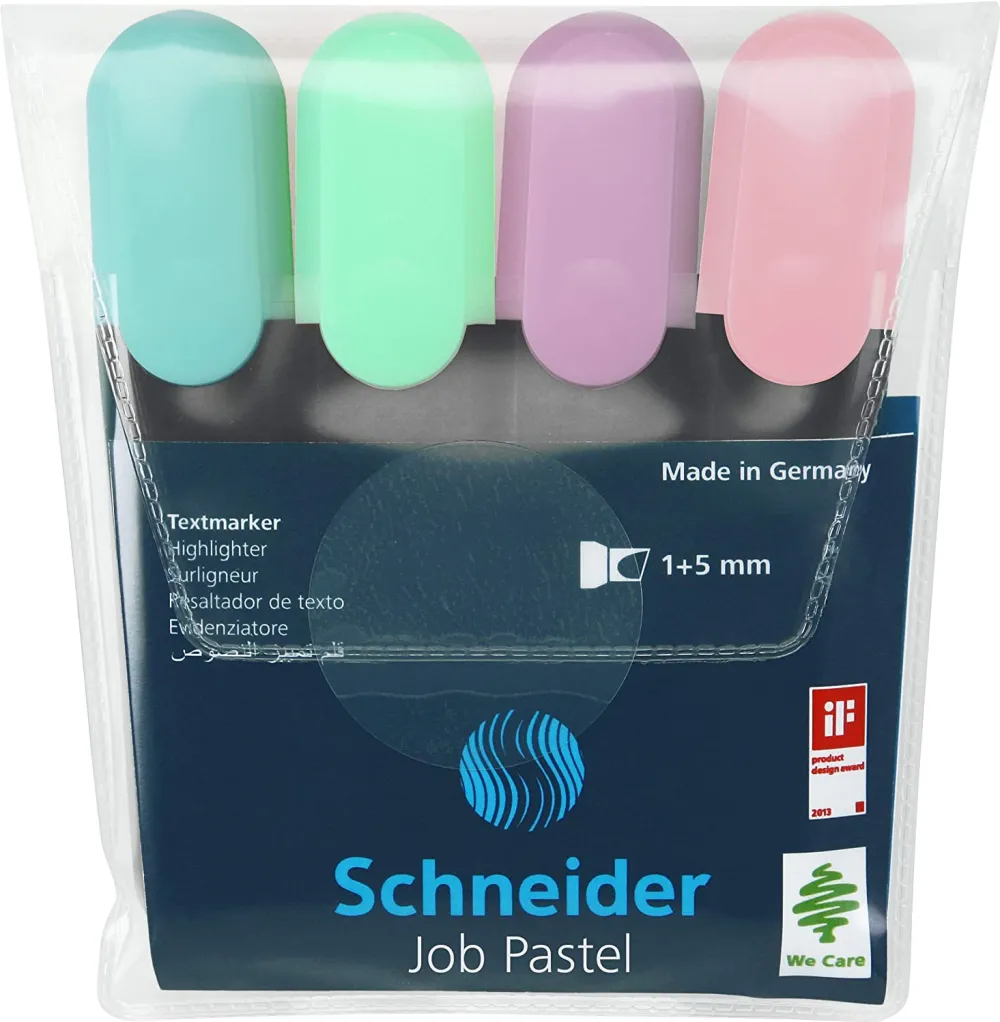 Textmarker SCHNEIDER Job Pastel, varf lat, 4 culori/set -(turcoaz, menta, lavanda, roze)
