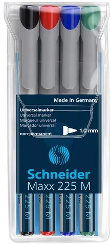 Universal non-permanent marker SCHNEIDER Maxx 225 M, varf 1mm, 4 culori/set - (N, R, A, V)