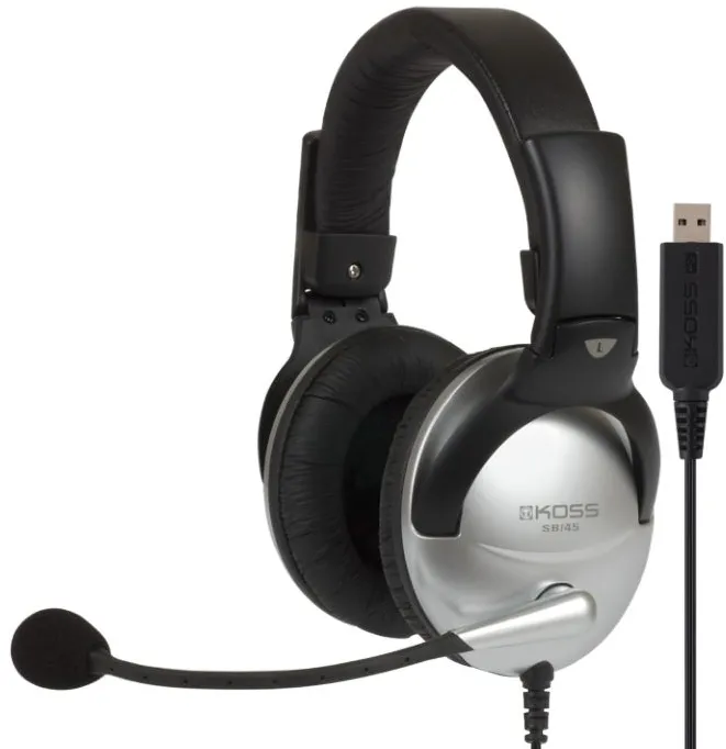 Koss SB45 USB Headsets, Over-Ear, Wired, Microphone, Silver/Black