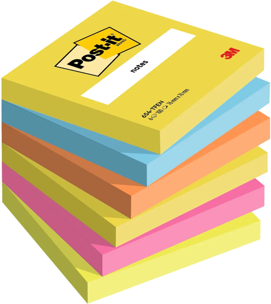 Notite adezive, Post-it, 76 x 76 mm, multicolor, neon, 100 file, 6 bucati/set, 100% PEFC