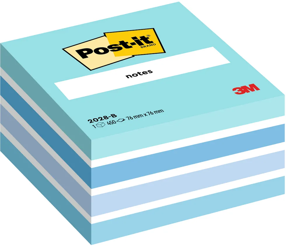 Cub notite adezive Post-it®, Aquarelle albastru, 76 x 76 mm, 450 file/bucata, 100% PEFC