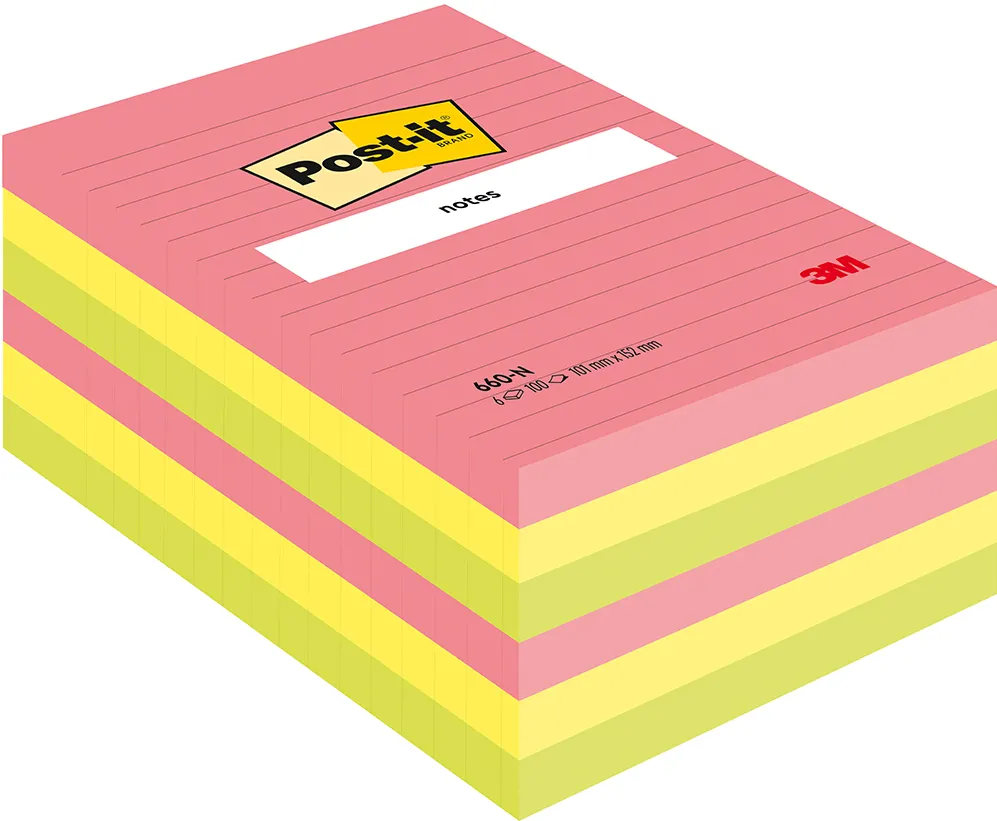 Notite adezive Post-it® 660N, Neon, liniate, 101 x 152 mm, 100 file/bucata, 100% PEFC