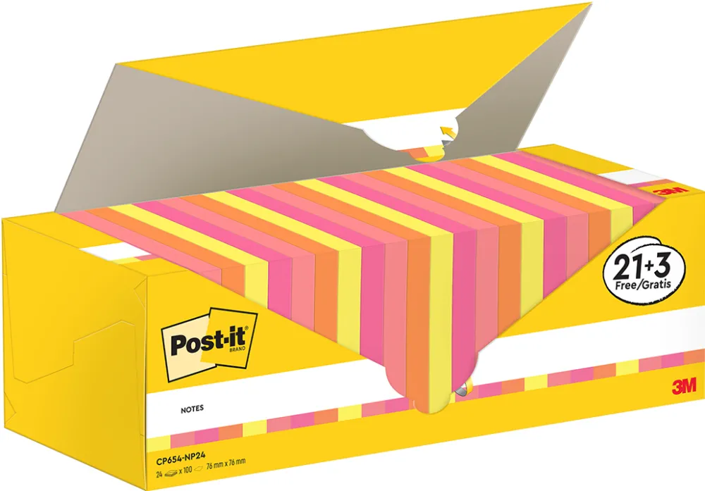 Notite adezive, Post-it, 76 x 76 mm, multicolor, 100 file/bucata, 21 + 3 gratuite, 100% PEFC