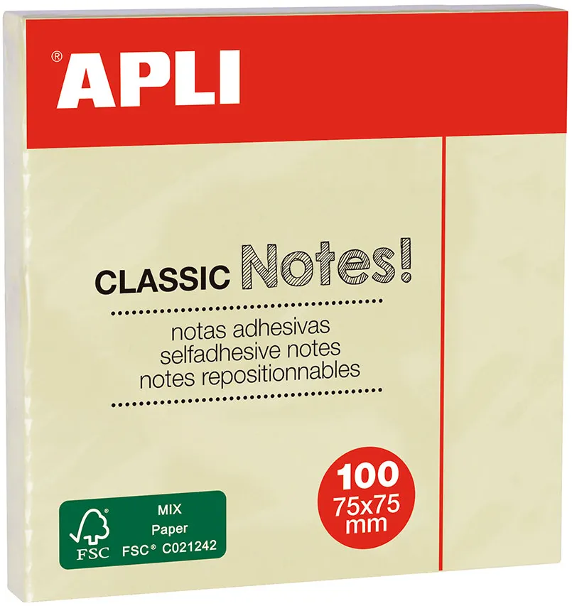 Notite adezive, Apli, 75 x 75 mm, galben, 100 file