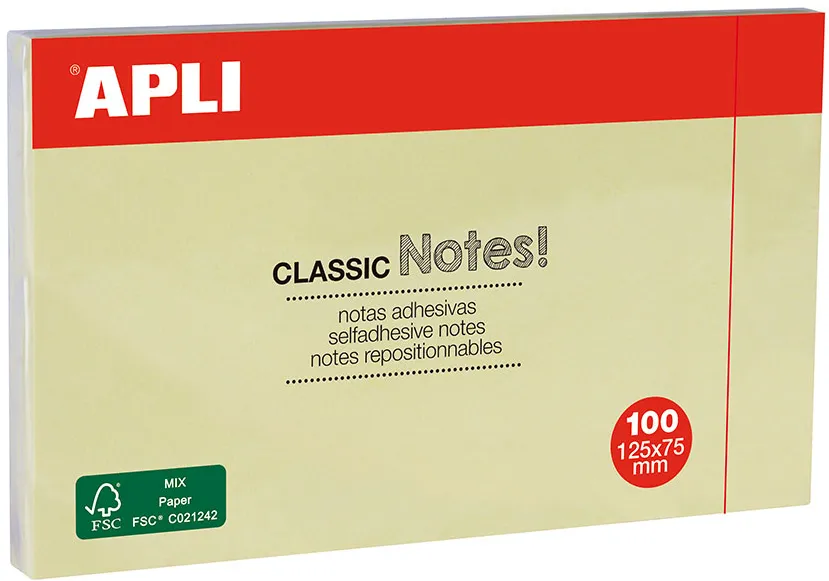 Notite adezive, Apli, 125 x 75 mm, galben, 100 file